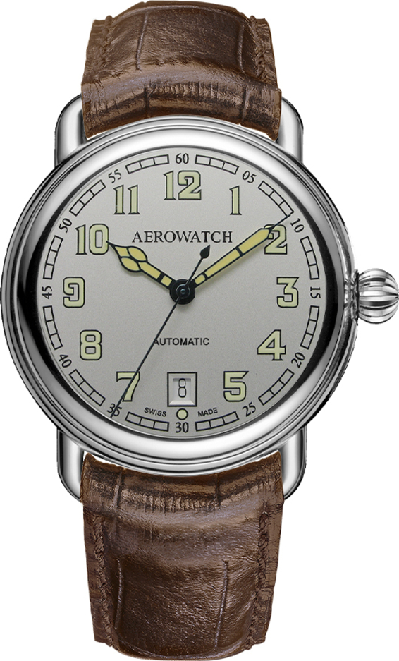 Мужские часы Aerowatch 1942 60900 AA20, механизм механический с автоподзаводом, циферблат серебристый, браслет кожа — Изображение 1