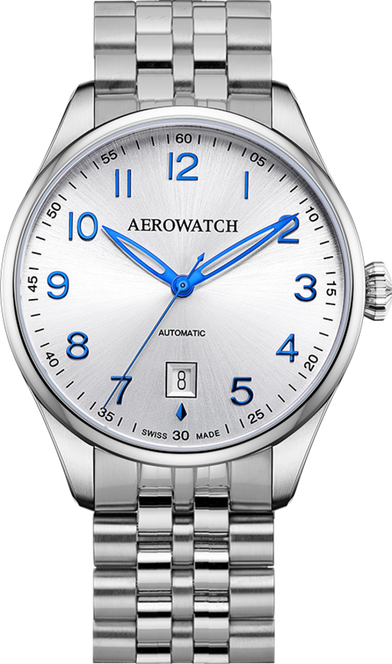 Мужские часы Aerowatch Les Grandes Classiques 60996 AA01 M, механизм механический с автоподзаводом, циферблат синий, браслет нержавеющая сталь — Изображение 1