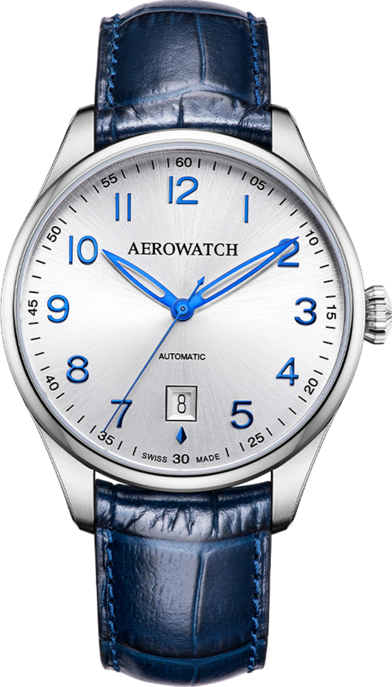 Мужские часы Aerowatch Les Grandes Classiques 60996 AA01, механизм механический с автоподзаводом, циферблат серебристый, браслет кожа — Изображение 1