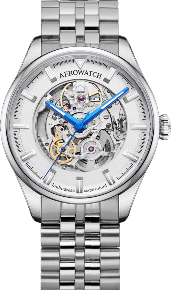 Мужские часы Aerowatch Les Grandes Classiques 60996 AA02 SQ M, механизм механический с автоподзаводом, циферблат серебристый, браслет нержавеющая сталь — Изображение 1