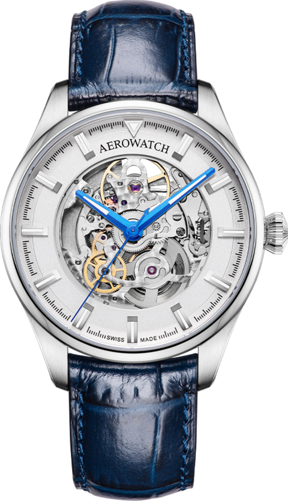 Мужские часы Aerowatch Les Grandes Classiques 60996 AA02 SQ, механизм механический с автоподзаводом, циферблат серебристый, браслет кожа — Изображение 1