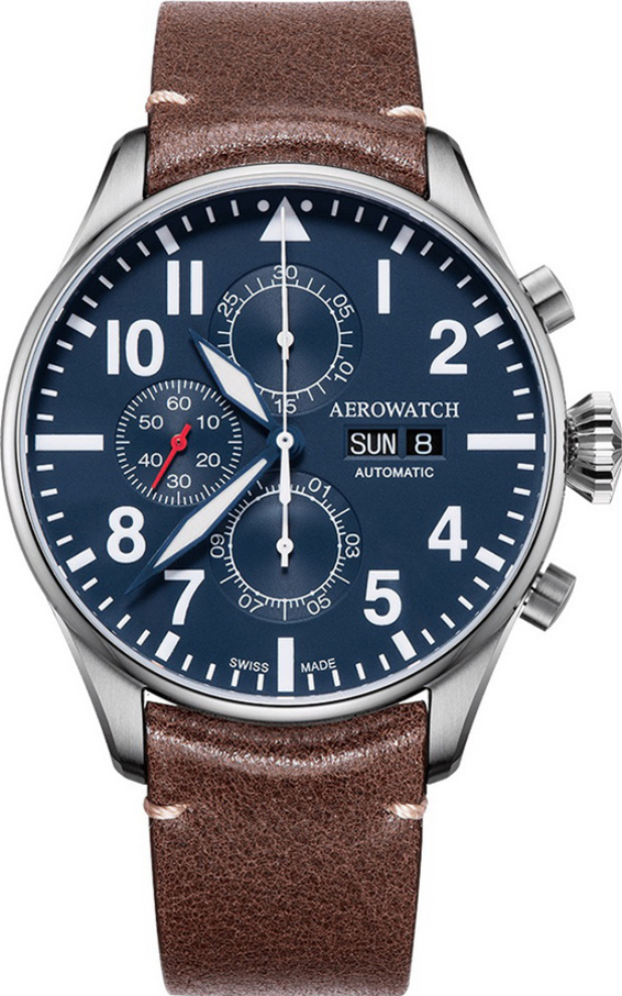 Мужские часы Aerowatch Les Grandes Classiques 61989 AA05, механизм механический с автоподзаводом, циферблат синий, браслет кожа — Изображение 1
