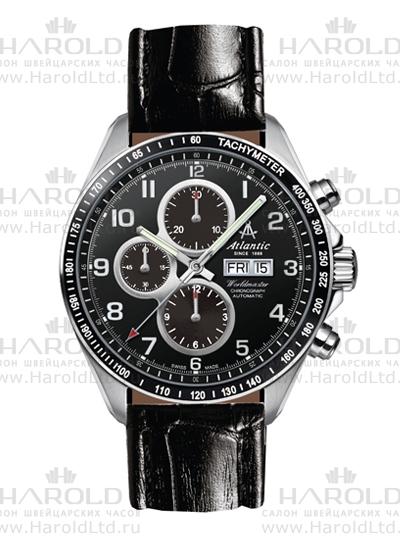 Мужские часы Atlantic Worldmaster 55861.47.63, механизм механический хронограф, циферблат черный, браслет кожа — Изображение 1