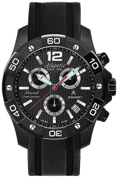 Мужские часы Atlantic Searock 87471.46.65S, механизм кварцевый хронограф, циферблат черный, браслет каучук — Изображение 1