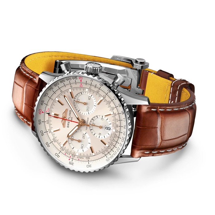 Мужские механический хронограф с автоподзаводом часы Breitling Navitimer AB0139211G1P1 серебристый кожа аллигатора — Изображение 3