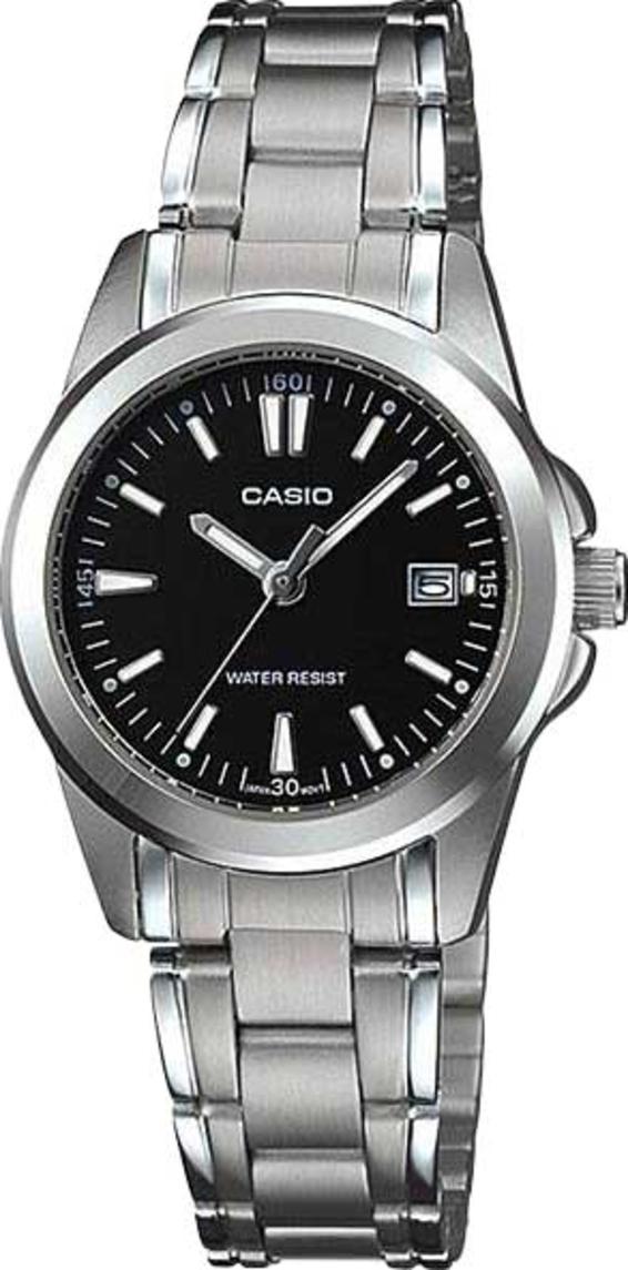 Женские часы Casio Analog LTP-1215A-1A2, механизм кварцевый, циферблат черный, браслет нержавеющая сталь — Изображение 1
