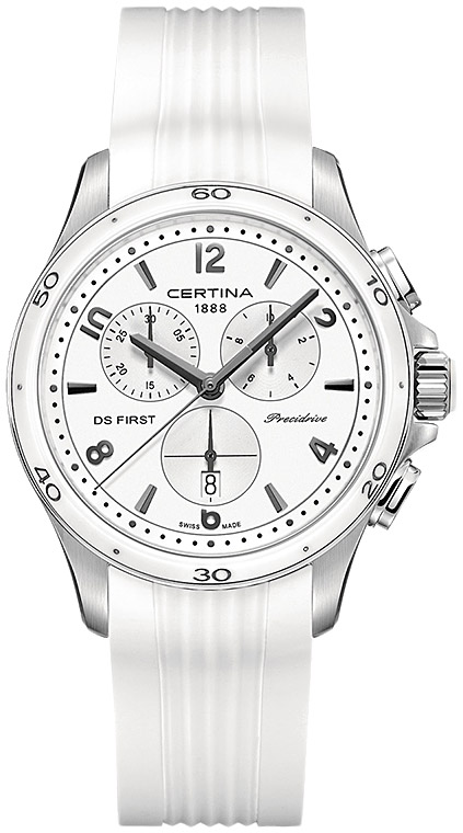 Женские кварцевый хронограф часы Certina DS First C030.217.17.017.00 белый силикон — Изображение 1