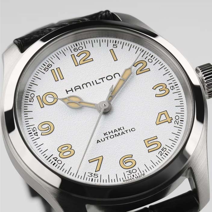 Мужские часы Hamilton Khaki Field H70405710, механизм механический с автоподзаводом, циферблат белый, браслет кожа — Изображение 3