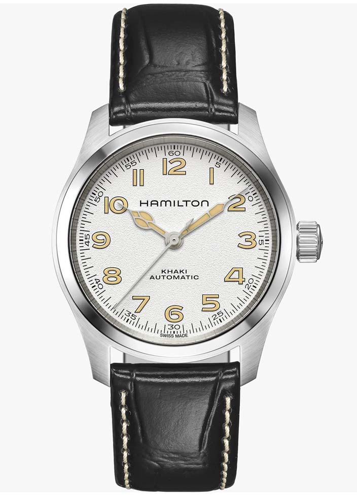 Мужские часы Hamilton Khaki Field H70405710, механизм механический с автоподзаводом, циферблат белый, браслет кожа — Изображение 1