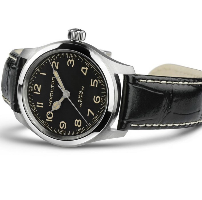 Мужские часы Hamilton Khaki Field H70405730, механизм механический с автоподзаводом, циферблат черный, браслет кожа — Изображение 3
