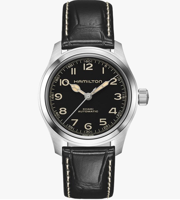 Мужские часы Hamilton Khaki Field H70405730, механизм механический с автоподзаводом, циферблат черный, браслет кожа — Изображение 1