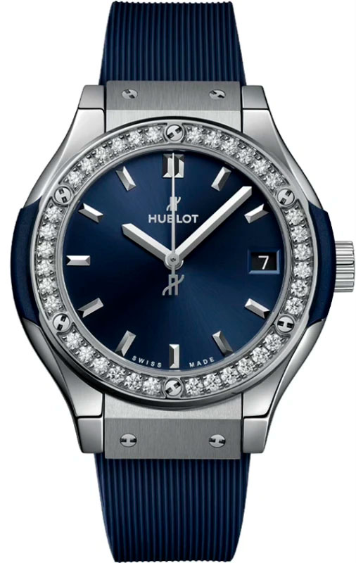 Женские часы Hublot Classic Fusion 581.NX.7170.RX.1104, механизм кварцевый, циферблат синий, браслет каучук — Изображение 1
