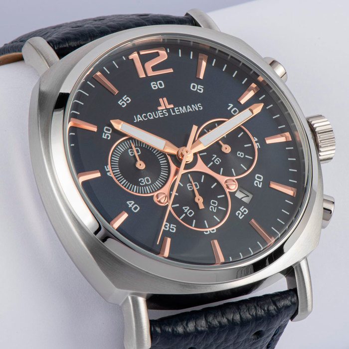 Мужские часы Jacques Lemans Sport 1-1645I, механизм кварцевый хронограф, циферблат синий, браслет кожа — Изображение 2