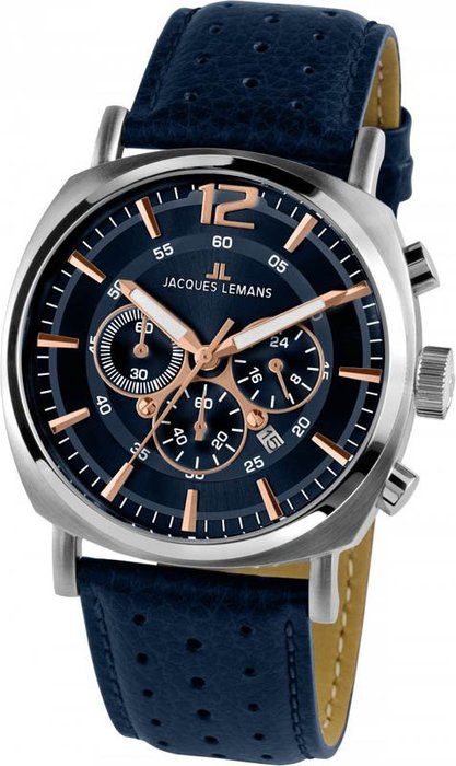 Мужские часы Jacques Lemans Sport 1-1645I, механизм кварцевый хронограф, циферблат синий, браслет кожа — Изображение 1
