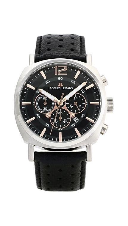 Мужские часы Jacques Lemans Sport 1-1645J, механизм кварцевый хронограф, циферблат черный, браслет кожа — Изображение 1