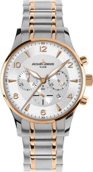 Мужские часы Jacques Lemans Classic 1-1654P, механизм кварцевый хронограф, циферблат серебристый, браслет нержавеющая сталь — Изображение 1