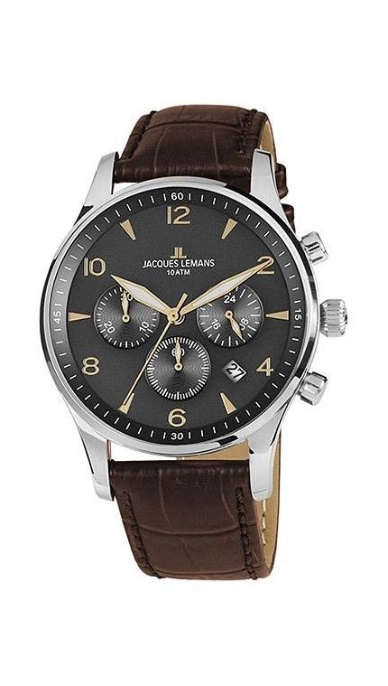 Мужские часы Jacques Lemans Classic 1-1654ZJ, механизм кварцевый хронограф, циферблат черный, браслет кожа — Изображение 1
