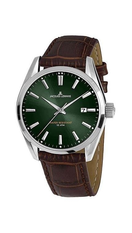 Мужские часы Jacques Lemans Classic 1-1859D, механизм кварцевый, циферблат зеленый, браслет кожа — Изображение 1