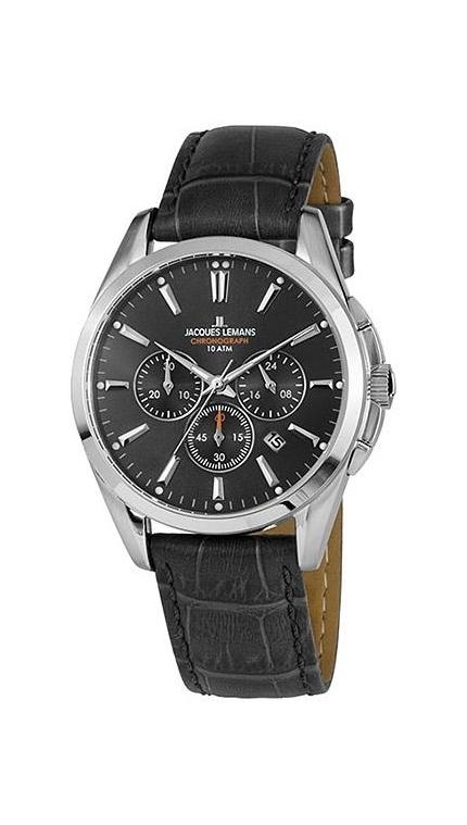 Мужские часы Jacques Lemans Sport 1-1945A, механизм кварцевый хронограф, циферблат черный, браслет кожа — Изображение 1