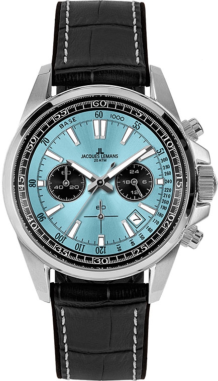 Мужские часы Jacques Lemans Liverpool 1-2117R, механизм кварцевый хронограф, циферблат голубой, браслет силикон + кожа — Изображение 1