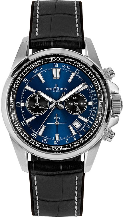 Мужские часы Jacques Lemans Liverpool 1-2117S, механизм кварцевый хронограф, циферблат синий, браслет силикон + кожа — Изображение 1