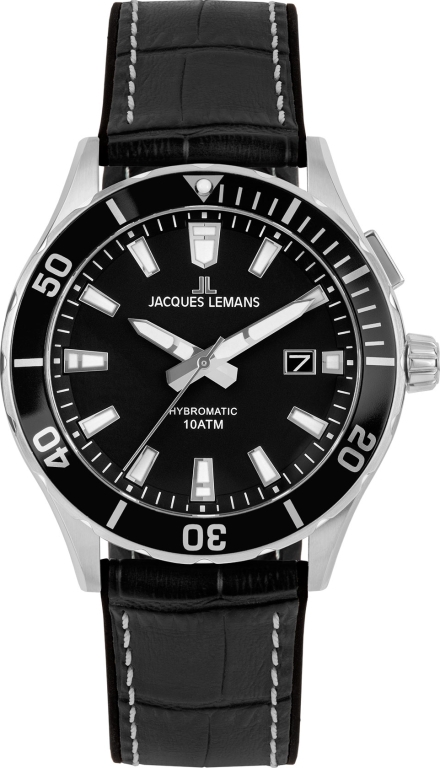 Мужские часы Jacques Lemans Hybromatic 1-2131A, механизм механический с автоподзаводом, кварцевый, циферблат черный, браслет кожа — Изображение 1