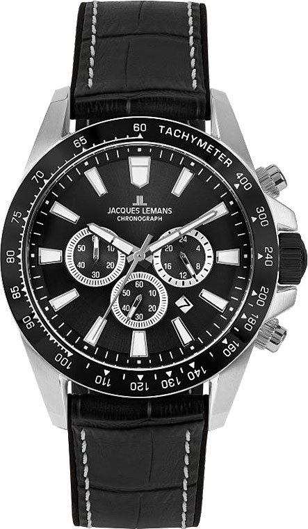 Мужские часы Jacques Lemans Liverpool 1-2140A, механизм кварцевый хронограф, циферблат черный, браслет кожа — Изображение 1