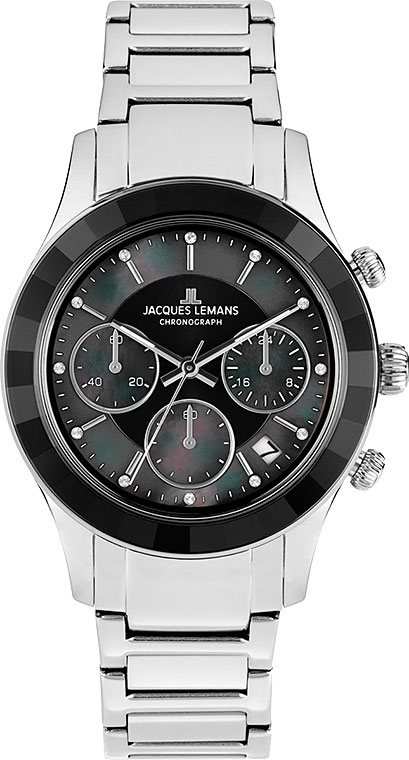 Женские часы Jacques Lemans Sport 1-2151E, механизм кварцевый хронограф, циферблат черный, перламутр, браслет нержавеющая сталь — Изображение 1