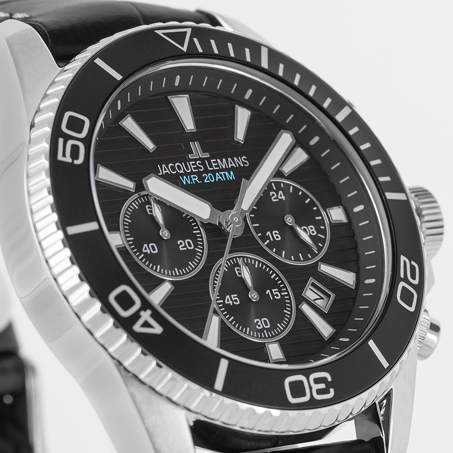 Мужские часы Jacques Lemans Liverpool 1-2206A, механизм кварцевый хронограф, циферблат черный, браслет кожа + силикон — Изображение 2