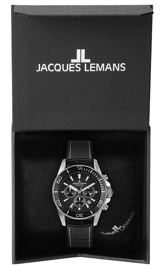 Мужские часы Jacques Lemans Liverpool 1-2206A, механизм кварцевый хронограф, циферблат черный, браслет кожа + силикон — Изображение 6