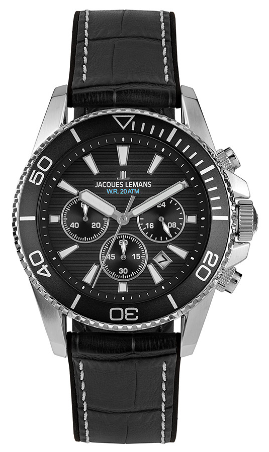 Мужские часы Jacques Lemans Liverpool 1-2206A, механизм кварцевый хронограф, циферблат черный, браслет кожа + силикон — Изображение 1