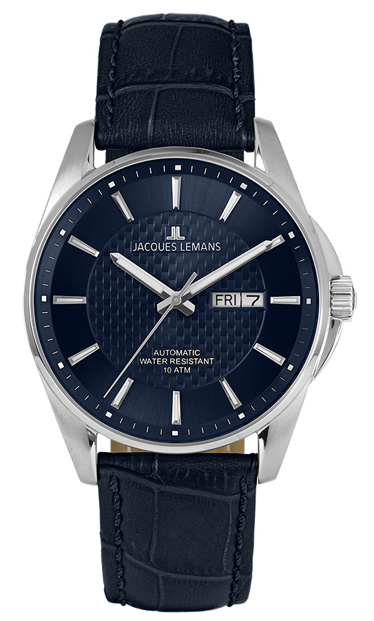 Мужские часы Jacques Lemans Classic 1-2210D, механизм механический с автоподзаводом, циферблат синий, браслет кожа — Изображение 1