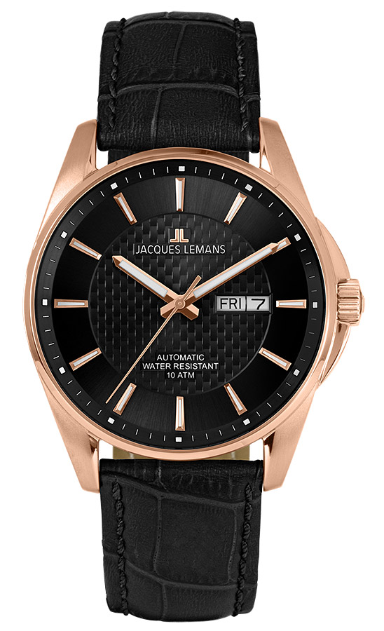 Мужские часы Jacques Lemans Classic 1-2210E, механизм механический с автоподзаводом, циферблат черный, браслет кожа — Изображение 1