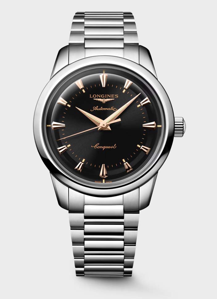 Мужские часы Longines Conquest Heritage L1.650.4.52.6, механизм механический с автоподзаводом, циферблат черный, браслет нержавеющая сталь — Изображение 1