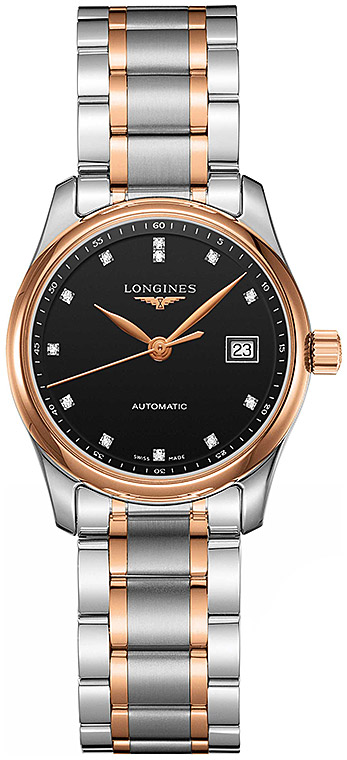 Женские часы Longines The Longines Master Collection L2.257.5.59.7, механизм механический с автоподзаводом, циферблат черный, браслет нержавеющая сталь + золото 18к — Изображение 1