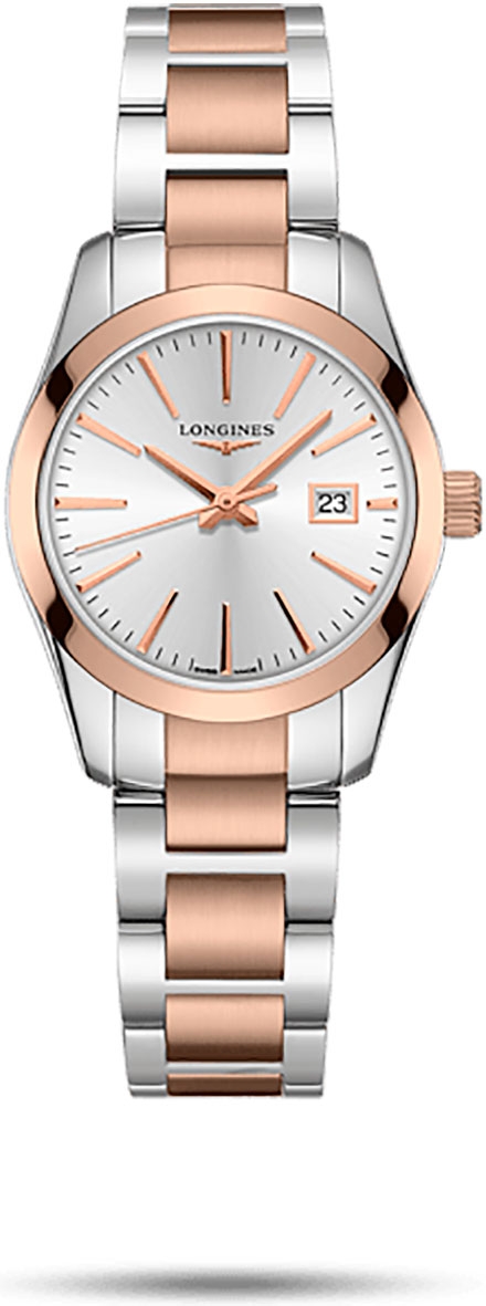 Женские часы Longines Conquest Classic L2.286.3.72.7, механизм кварцевый, циферблат серебристый, браслет нержавеющая сталь + розовое pvd — Изображение 1