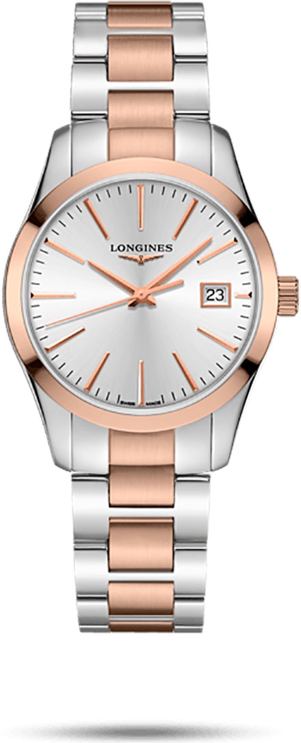 Женские часы Longines Conquest Classic L2.386.3.72.7, механизм кварцевый, циферблат серебристый, браслет нержавеющая сталь + розовое pvd — Изображение 1