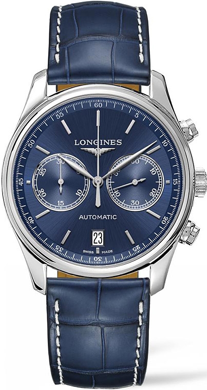 Мужские часы Longines The Longines Master Collection L2.629.4.92.0, механизм механический хронограф с автоподзаводом, циферблат синий, браслет кожа — Изображение 1
