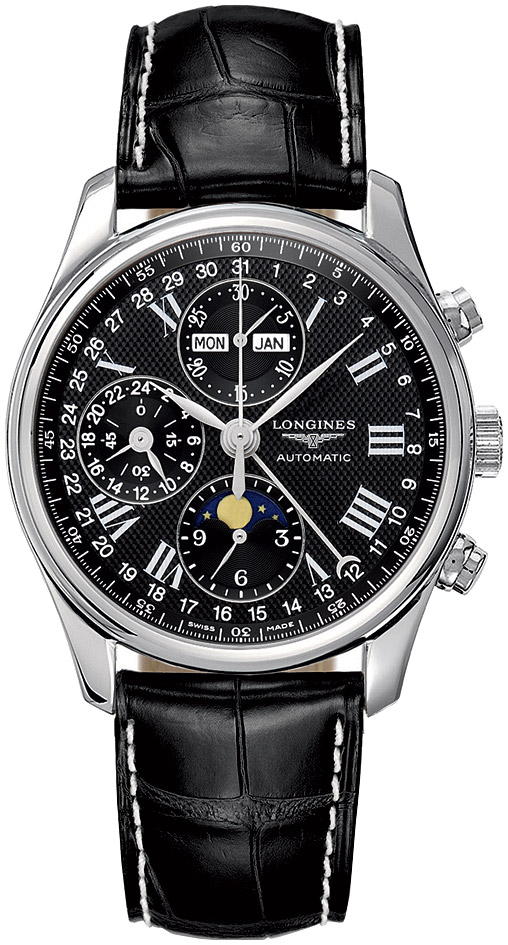 Мужские механический хронограф с автоподзаводом часы Longines The Longines Master Collection L2.673.4.51.7 черный кожа — Изображение 1