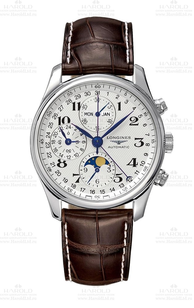 Мужские часы Longines The Longines Master Collection L2.673.4.78.5, механизм механический хронограф с автоподзаводом, циферблат серебристый, браслет кожа — Изображение 1