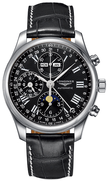 Мужские часы Longines The Longines Master Collection L2.773.4.51.8, механизм механический хронограф с автоподзаводом, циферблат черный, браслет кожа — Изображение 1