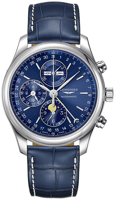 Мужские часы Longines The Longines Master Collection L2.773.4.92.0, механизм механический хронограф с автоподзаводом, циферблат синий, браслет кожа — Изображение 1