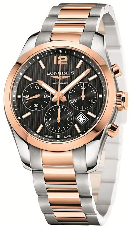 Мужские механический хронограф с автоподзаводом часы Longines Conquest Classic L2.786.5.56.7 черный нержавеющая сталь + золото 18к — Изображение 2