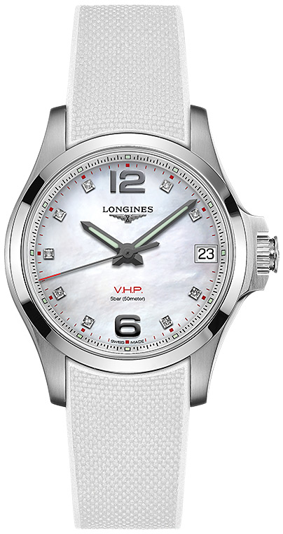 Женские часы Longines Conquest V H P  L3.316.4.87.9, механизм кварцевый, циферблат белый, браслет каучук — Изображение 1
