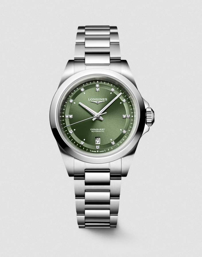 Женские часы Longines Conquest L3.320.4.07.6, механизм механический с автоподзаводом, циферблат зеленый, браслет нержавеющая сталь — Изображение 1