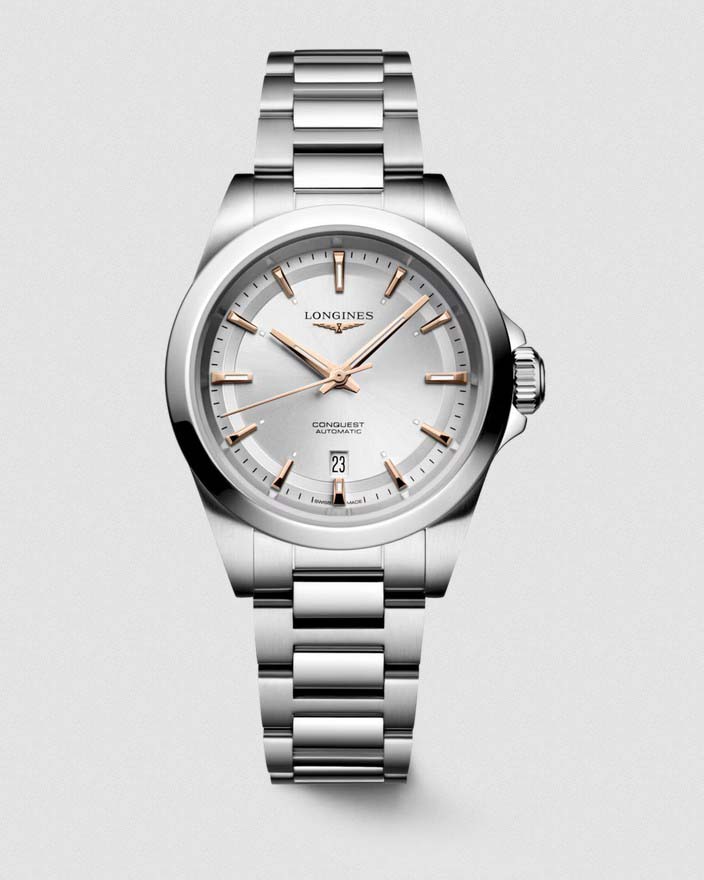 Женские часы Longines Conquest L3.320.4.72.6, механизм механический с автоподзаводом, циферблат серебристый, браслет нержавеющая сталь — Изображение 1