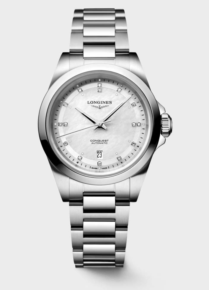Женские часы Longines Conquest L3.320.4.87.6, механизм механический с автоподзаводом, циферблат белый, браслет нержавеющая сталь — Изображение 1