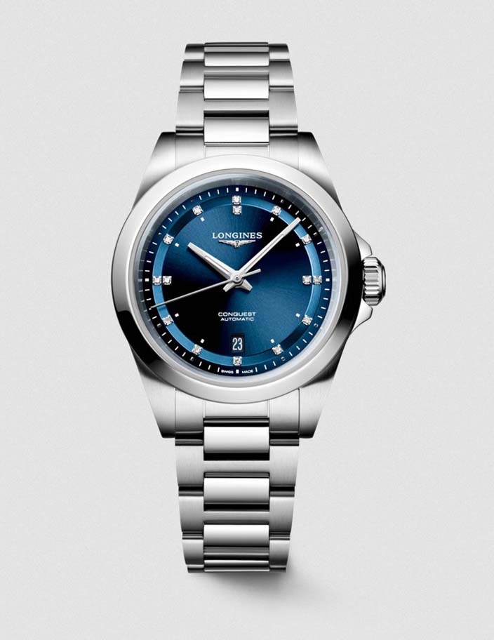 Женские часы Longines Conquest L3.320.4.97.6, механизм механический с автоподзаводом, циферблат синий, браслет нержавеющая сталь — Изображение 1