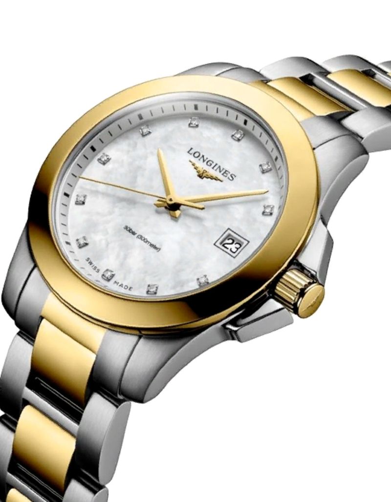 Женские кварцевый часы Longines Conquest L3.376.3.87.7 белый нержавеющая сталь + желтое pvd покрытие — Изображение 2