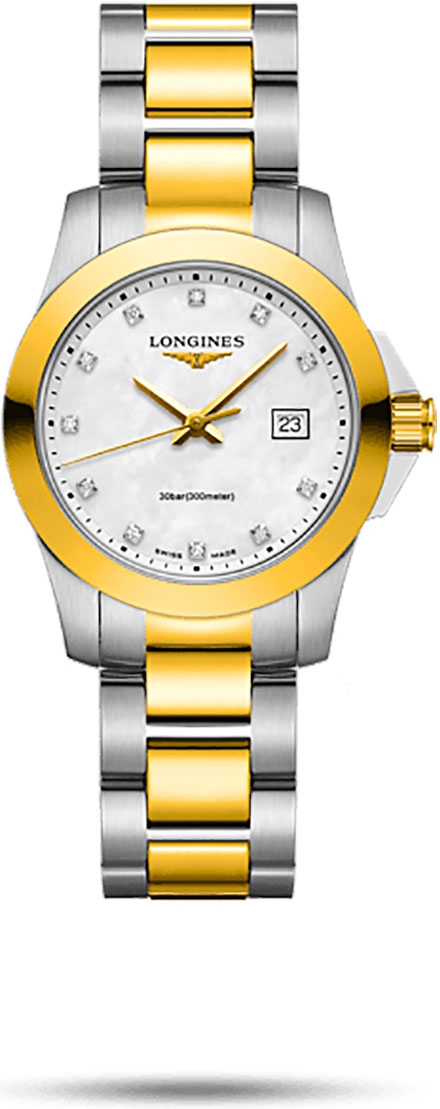 Женские кварцевый часы Longines Conquest L3.376.3.87.7 белый нержавеющая сталь + желтое pvd покрытие — Изображение 1